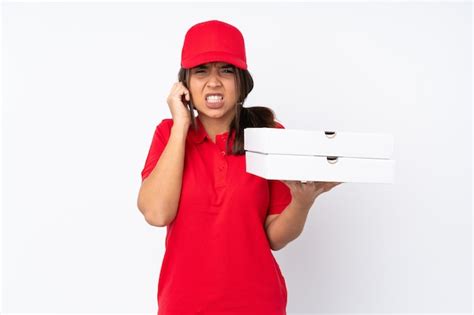 Premium Photo Young Pizza Delivery Girl Over Isolated White Wall Frustrated And Covering Ears