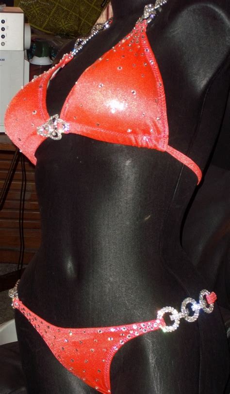 Style Coral Metallic Competition Bikini With Rhinestone Connectors