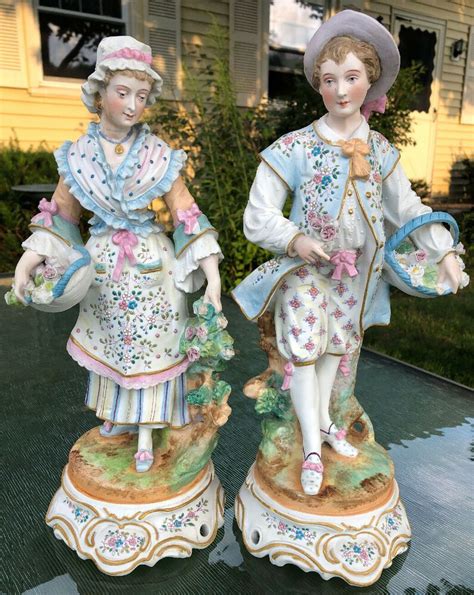 Bisque Porcelain German Figures Figurines 15”h Couple Woman Man Flowers