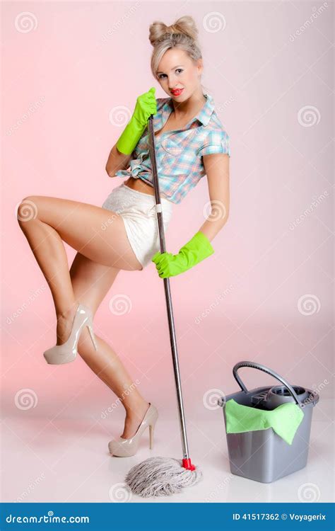 Girl Retro Style Woman Housewife Cleaner With Mop Stock Photo Image