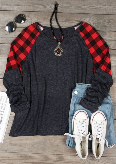 Plus Size Plaid Splicing O Neck Baseball T Shirt Fairyseason