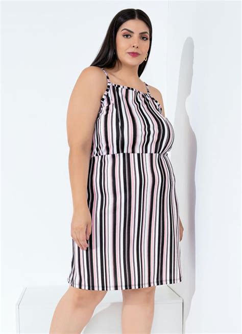 Vestido Listrado Rosa De Alças Plus Size Marguerite