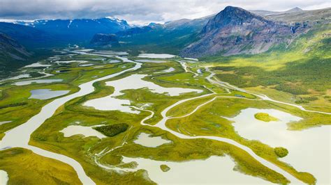 Aerial view of river, Sarek National Park, Jokkmokk, Lapland, Sweden ...