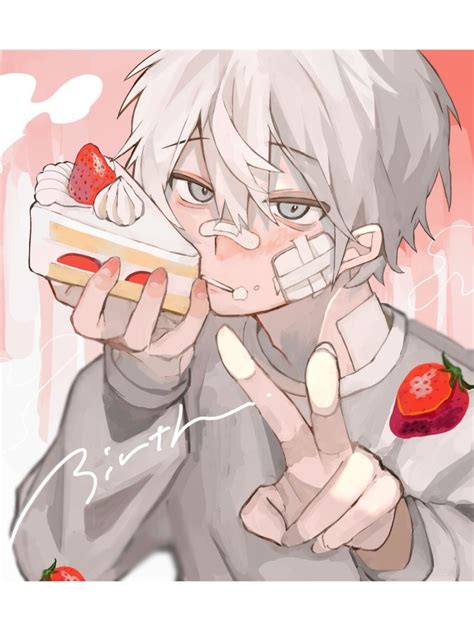 An Anime Character Holding A Piece Of Cake And Making The Peace Sign