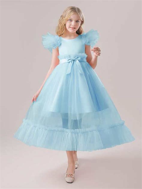 Tween Girls Long Pure Color Satin And Mesh Dress With Bowknot Waist And