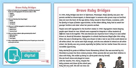 Fourth Grade Brave Ruby Bridges Reading Comprehension Activity