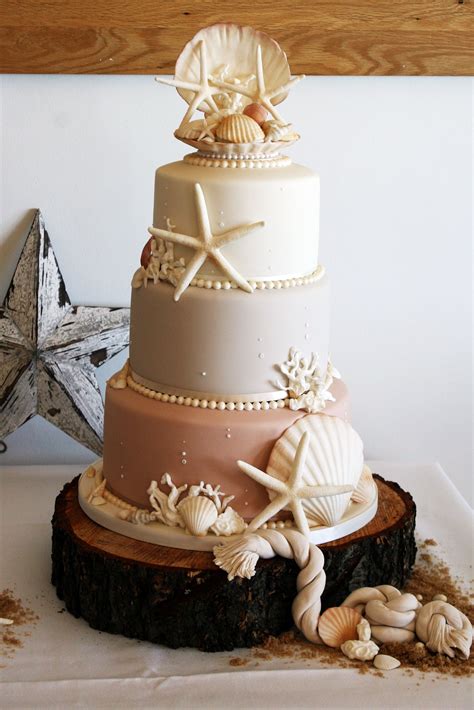 Beach Wedding Cake Seashells Pastel Colours Cappuccino French Grey