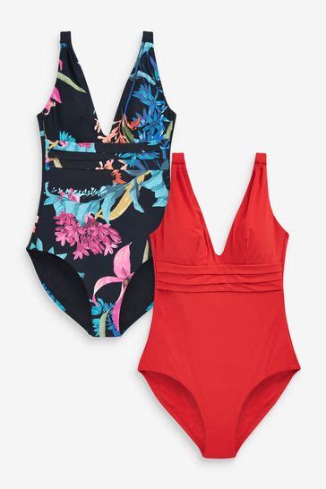 Buy Navy Blue Floral Red Plunge Tummy Control Swimsuits 2 Pack From