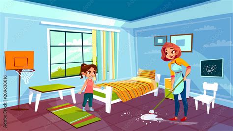 Mother and daughter cleaning room vector illustration of woman together ...