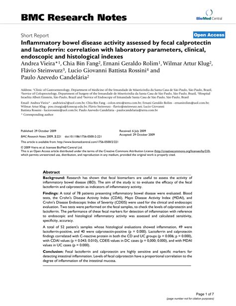 (PDF) Inflammatory bowel disease activity assessed by fecal calprotectin and lactoferrin ...