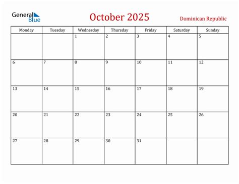 October 2025 - Dominican Republic Monthly Calendar with Holidays