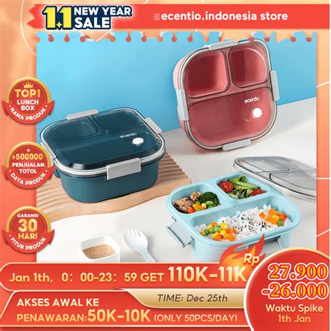 Jual Ecentio Kotak Makan 3 Grid Lunch Box Disegel Kotak Anti Bocor