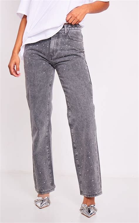 Washed Grey Diamante Straight Leg Jeans Denim Prettylittlething