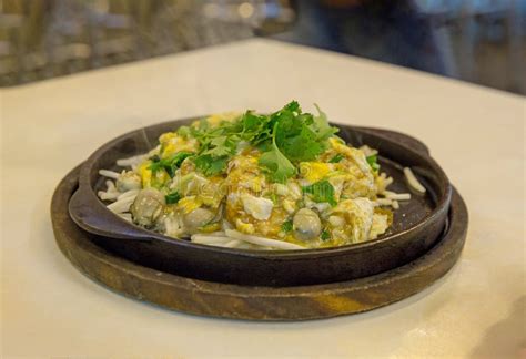 Oyster Omelette Served On Hot Pan Chinese Food In Thailand Stock Image