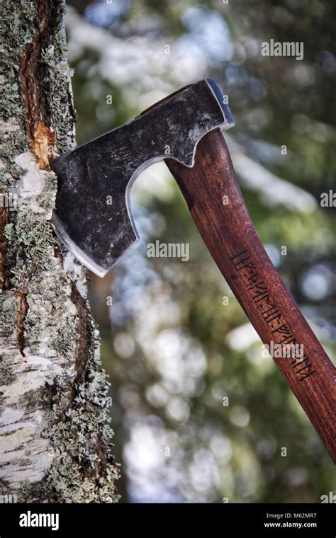 Battle ready bearded Viking axe with runic inscriptions Stock Photo - Alamy