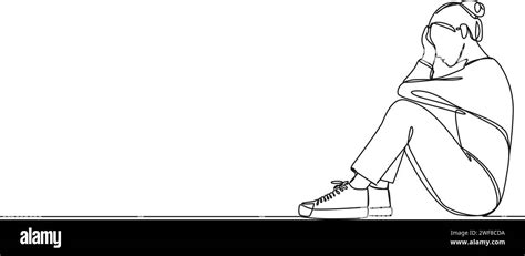 Continuous Single Line Drawing Of Sad And Stressed Woman Sitting On Floor Holding Her Head Line