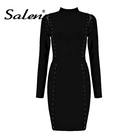 Salen Sexy Beading Turtleneck Hollow Out Dress Fashion Full Sleeve Mini