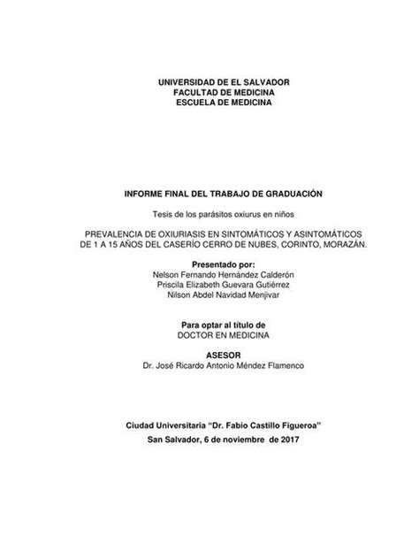 Tesis De Los Par Sitos Oxiurus En Ni Os Prevalencia De Oxiuriasis En