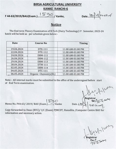 Schedule Of End Term Theory Examination Of B Tech Dairy Technology