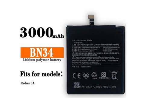 BN34 Battery 3000MAH 11 5Wh 3 85V Xiaomi Mi Redmi 5A Batteryclub Org