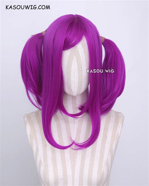 M-2 / KA053 Red Violet Purple pigtails base wig with long bangs.