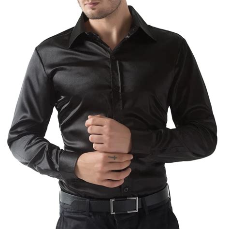 Luxury Silk like Satin Long Sleeve Men Dress Shirt Black/Wine Red ...