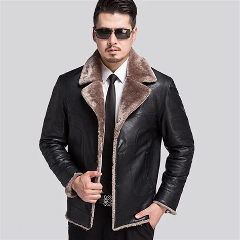 Russian Winter Mens Thick Leather Jacket Casual Leather Mens Fur Coat