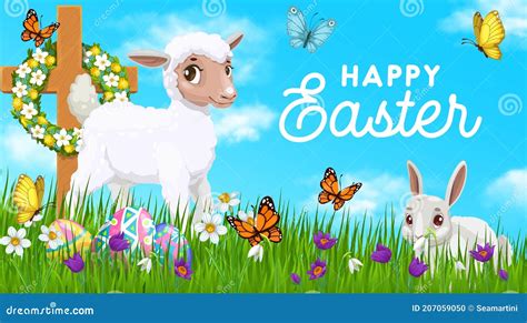 Happy Easter Holiday Poster With Rabbit And Sheep Stock Illustration