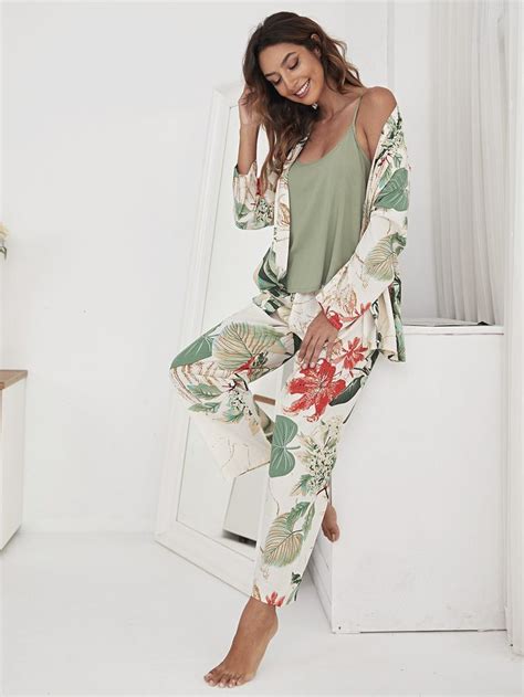 Pcs Floral Print Cami Pj Set With Belted Robe Silk Sleepwear