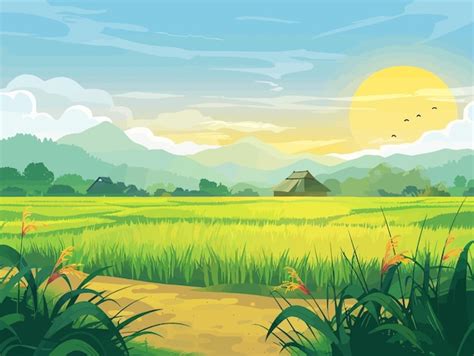 A painting of a rice field with a sunset in the background | Premium AI ...