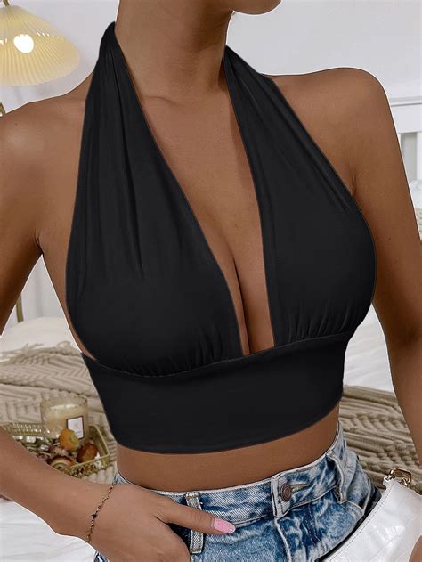 Black Sexy Collar Fabric Plain Halter Embellished Medium Stretch Women