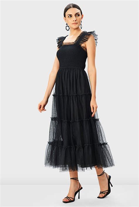 Shop Smocked Sheer Tulle Tiered Dress Eshakti