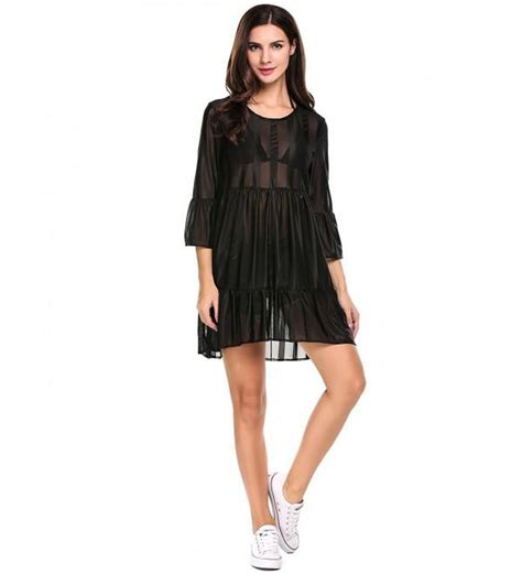 Women S Chiffon Sheer Mesh Swimsuit Beach Cover Up For Bikini Black CH17YZ0NHX9