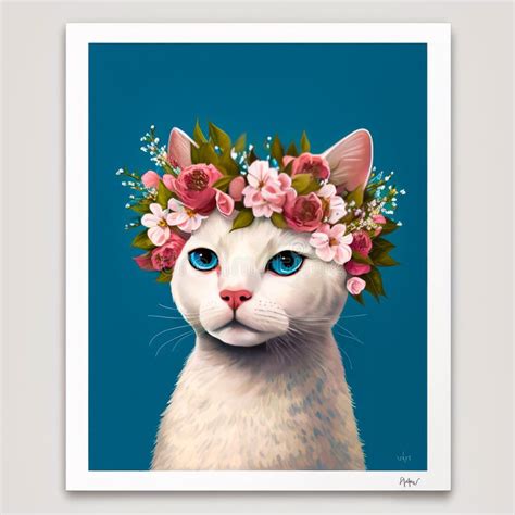 White Cat with Blue Eyes Wearing Flower Crown. Generative AI Stock Illustration - Illustration ...