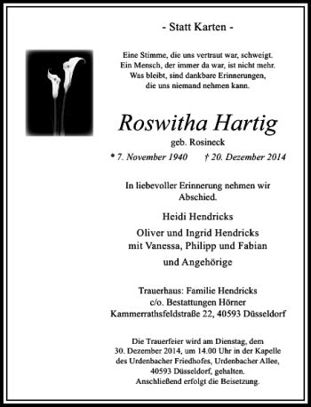 Alle Traueranzeigen für Roswitha Hartig trauer rp online de