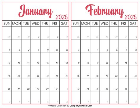 January February 2025 Calendar Printable Template