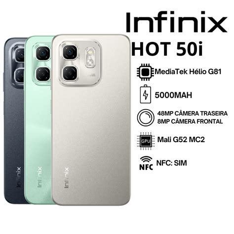 INFINIX HOT 50i 256GB e 4GB RAM Câmera 48MP Processador MediaTek Helio G81 Bateria 5000Mah