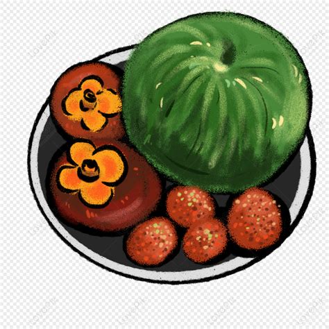 Cartoon Plate Fruit Illustration Green Plate Fruit Vegetables Orange