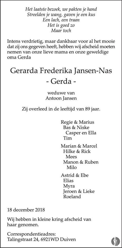 Gerarda Frederika Gerda Jansen Nas Overlijdensbericht En