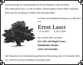 Traueranzeigen Von Ernst Laser Trauer In NRW De