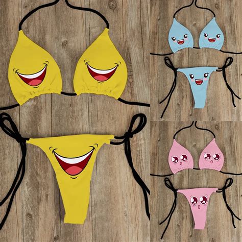 Sexy Bikini Set Yellow Swimsuit Cartoon Print Fashion Sweet Women S Bra Swimsuit Deep V Summer