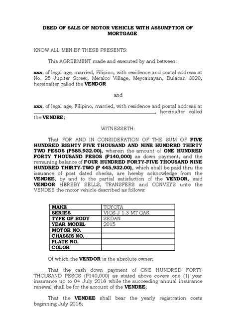Deed Of Sale Of Motorcycle Deed Philippines