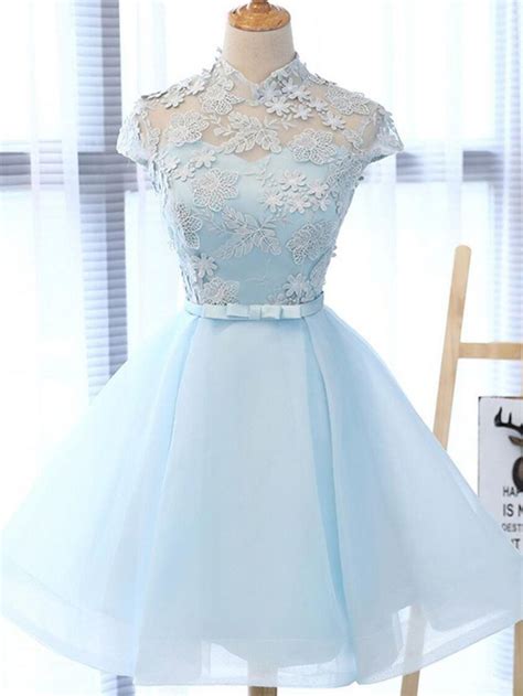 Chic Light Sky Blue Homecoming Dress Tulle High Neck Homecoming Dress