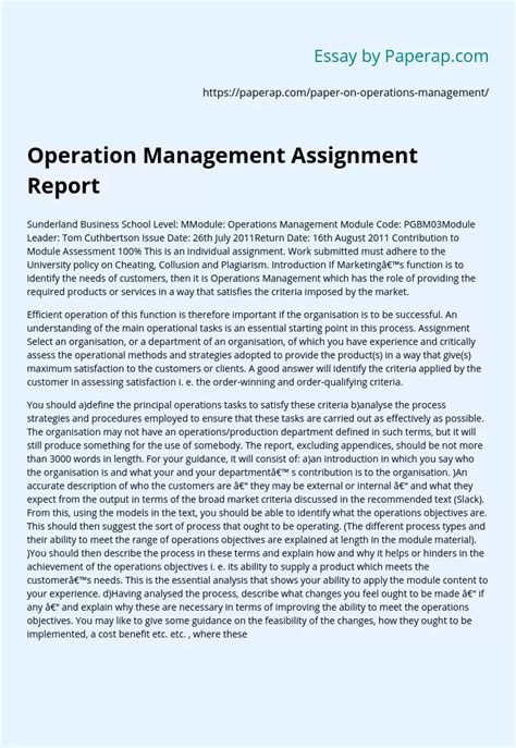 Operation Management Assignment Report Free Essay Example