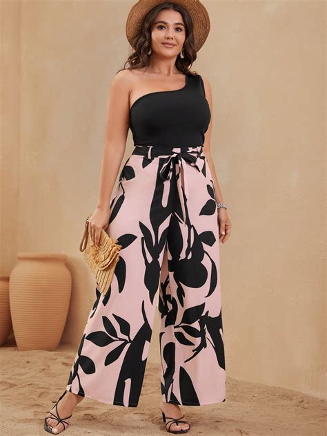 Shein Vcay Plus One Shoulder Top And Floral Print Belted Wide Leg Pants