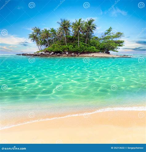 Tropical Island And Sand Beach Exotic Travel Background Stock Photo ...