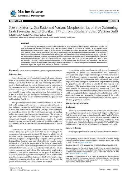 PDF Size At Maturity Sex Ratio And Variant Morphometrics Of Blue Swimming Crab Portunus