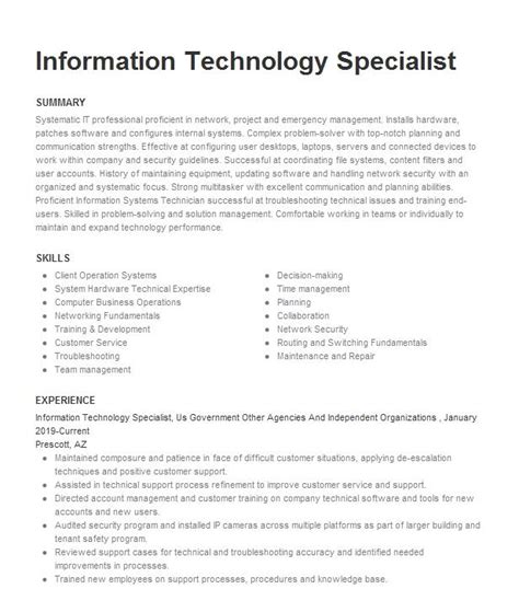 Information Technology Specialist Resume Example