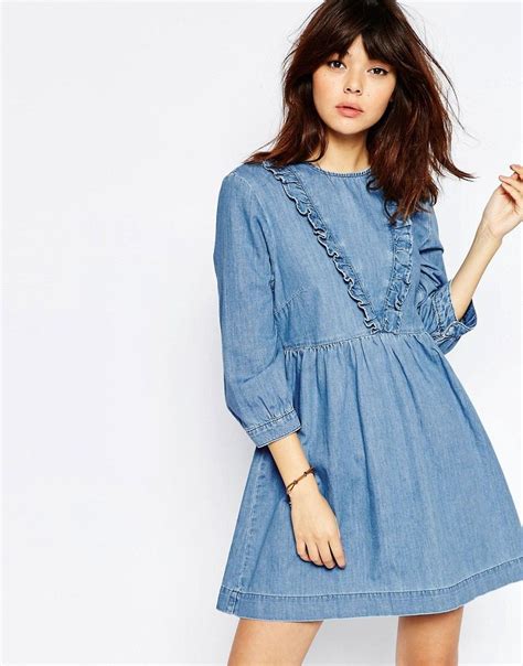 Asos Denim Smock Dress With Ruffle Detail In Mid Blue At