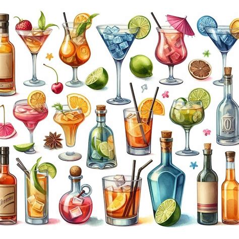 Alcohol Cocktail Collection Watercolor Illustration Drinks Clipart Premium Ai Generated Image